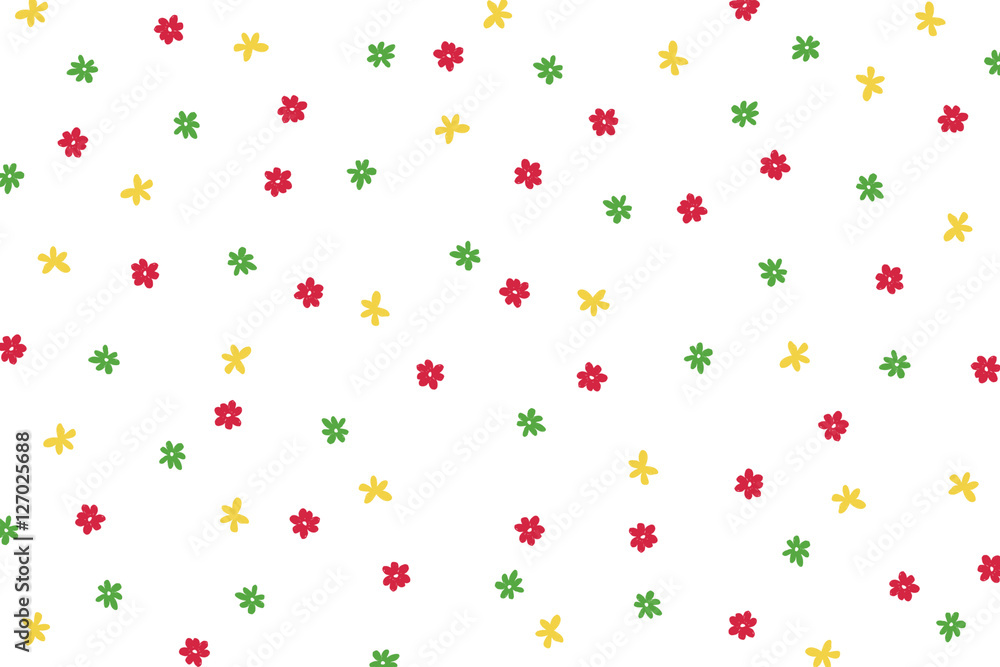 Hand drawn red, green and yellow flowers pattern on white background