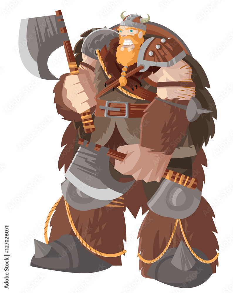powerful giant viking barbarian warrior with two axes Stock