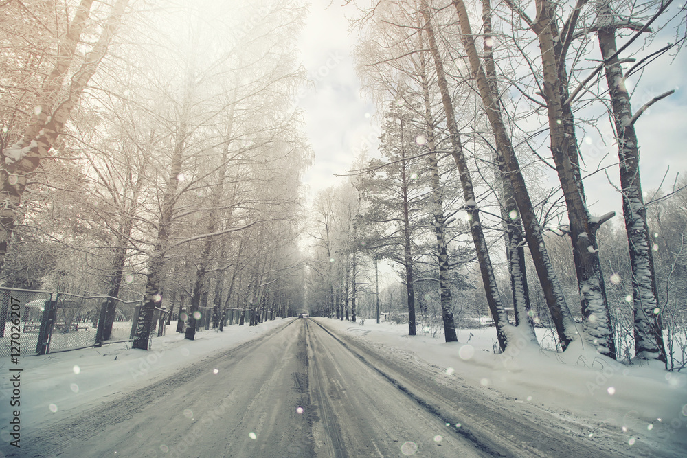 road in the snowy storm winter road in the snowy storm winter