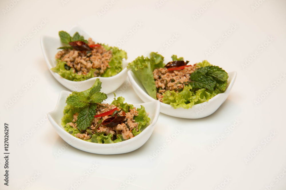 Larb Gai, spicy chicken,close up Larb Gai, spicy chicken,close up