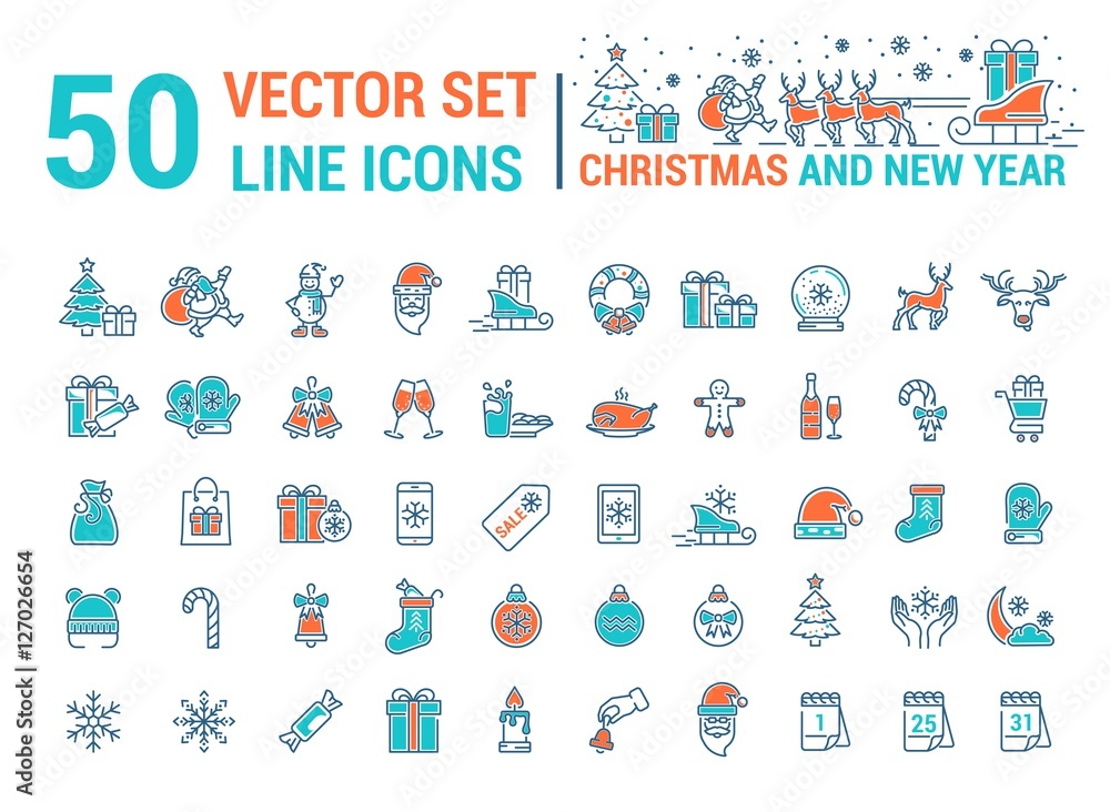 Fototapeta premium Vector graphic set. Silhouette, logo, icon. Christmas, New Year. Linear, flat, contour, thin, design. App, Web site template, infographic. Concept of Christmas sign. Element, emblem, symbol.