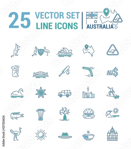 Vector graphic set. Silhouette, logo, icon. Australian continent. Linear, flat, contour, thin. App, Web site template. Concept Australian culture, animals, traditions. Sign, element, emblem, symbol.