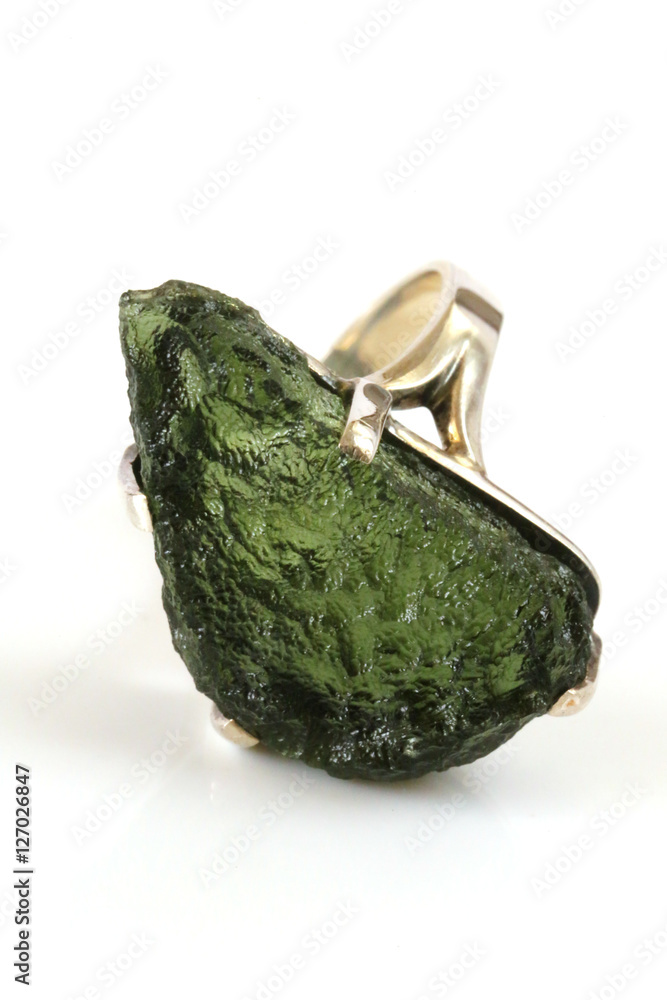 Czech stone "vltavin" . Moldavit stone. ring with moldavite Isolated on  white background 3 Stock Photo | Adobe Stock
