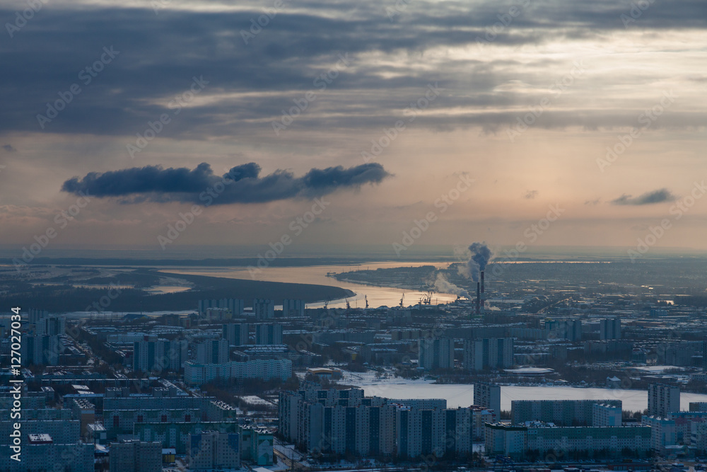 Top view the city of Nizhnevartovsk in winter