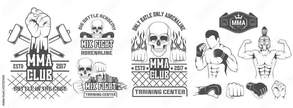 Set for MMA. Silhouette, logo, emblem, l?bel, element, the icon for the mix of martial arts. Battle, shows, training center, the boxing club to train fighter.