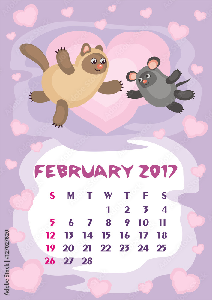 Obraz premium Wall calendar for February, 2017 with an amusing cat. Fun children's illustration in cartoon style. Colorful background. Vertical orientation. Week starts Sunday. Vector.