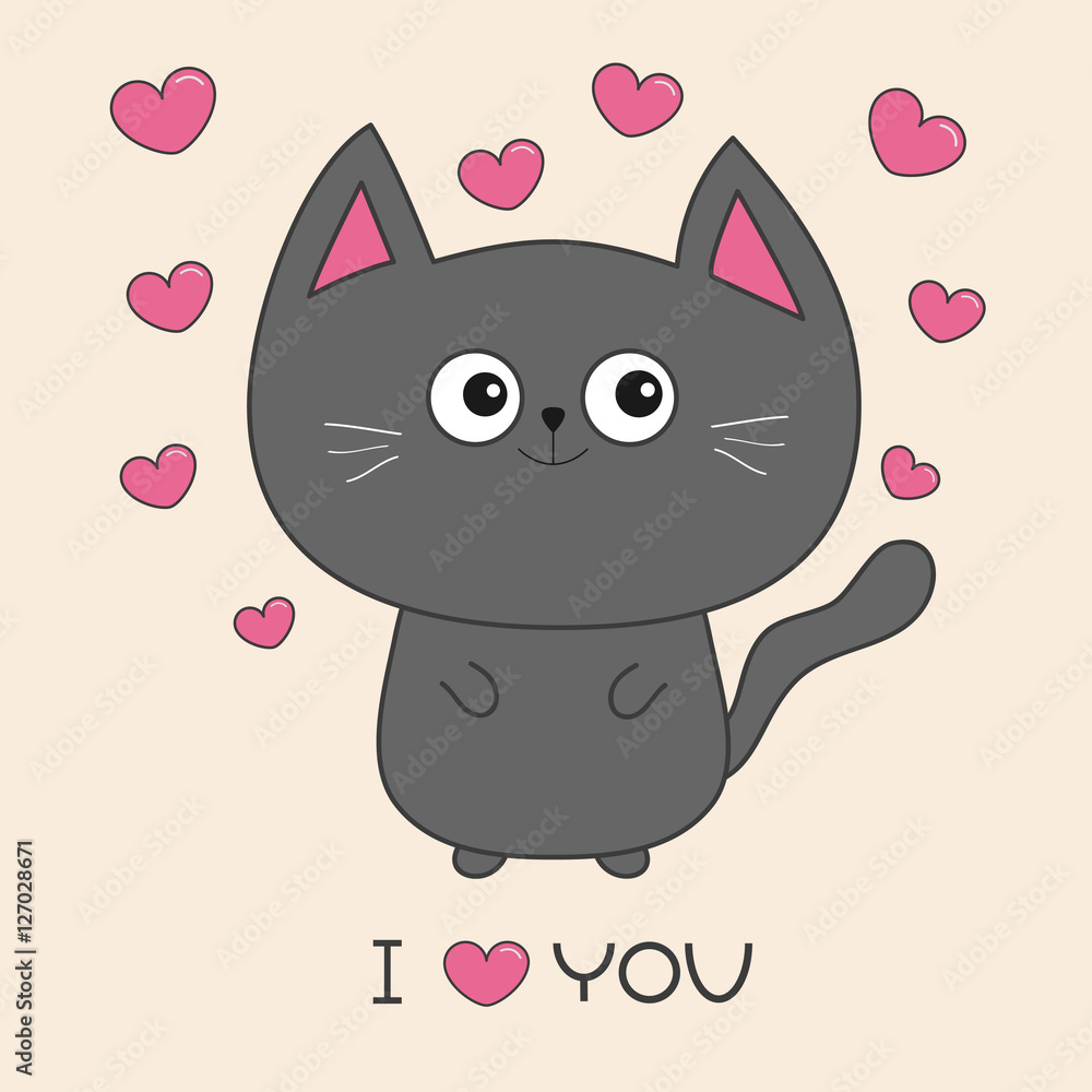 Gray contour cat holding pink heart. I love you text. Cute cartoon character. Kawaii animal Pet collection. Flat design.