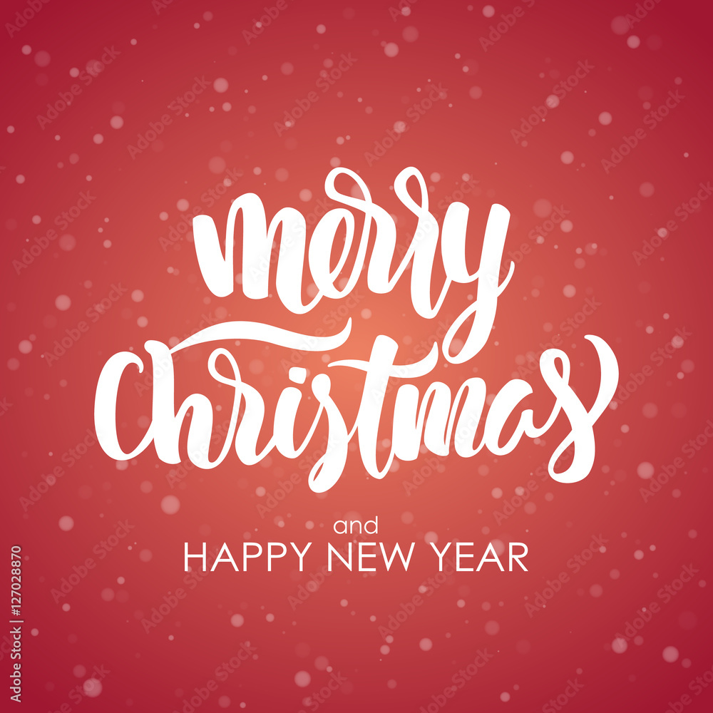 Vector illustration: Merry Christmas and Happy New Year. Modern brush lettering on  snowflake background.