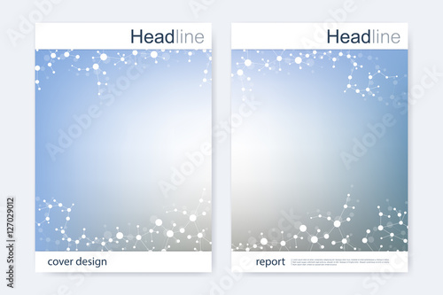 Scientific brochure design template. Vector flyer layout, Molecular structure with connected lines and dots. Scientific pattern atom DNA with elements for magazine, leaflet, cover, poster design.