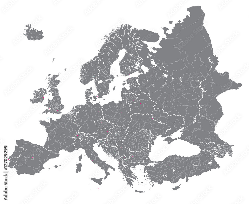 Obraz premium Europa wektorowa wysoka szczegółowa mapa polityczna z granicami regionów. Wszystkie elementy rozdzielone odpinanymi warstwami