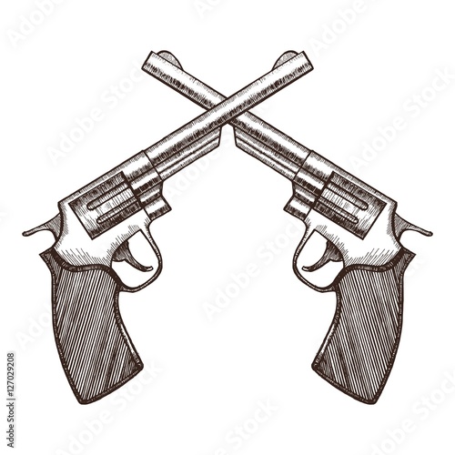 Crossed Pistols Hand Draw Sketch. Vector