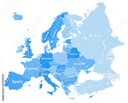 Europe vector political map with regions borders in tints of blue color palette