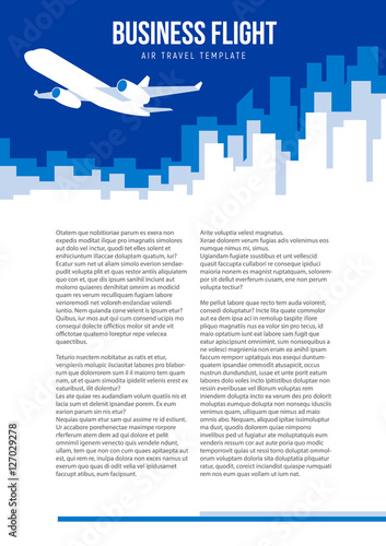 Poster vector template with plane taking off and city skyline. Banner for air travel, delivery or logistic company. Flat style illustration with place for title, slogan and text. Size A4.