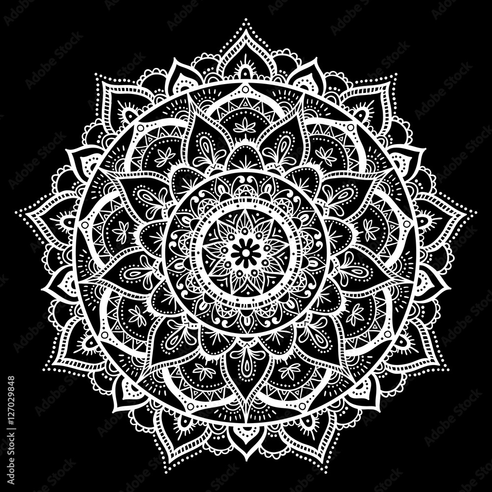 Mandala, highly detailed zentangle inspired illustration, ethnic tribal  tattoo motive, white ink on black isolated background. Anti-stress  illustration. Stock Vector | Adobe Stock