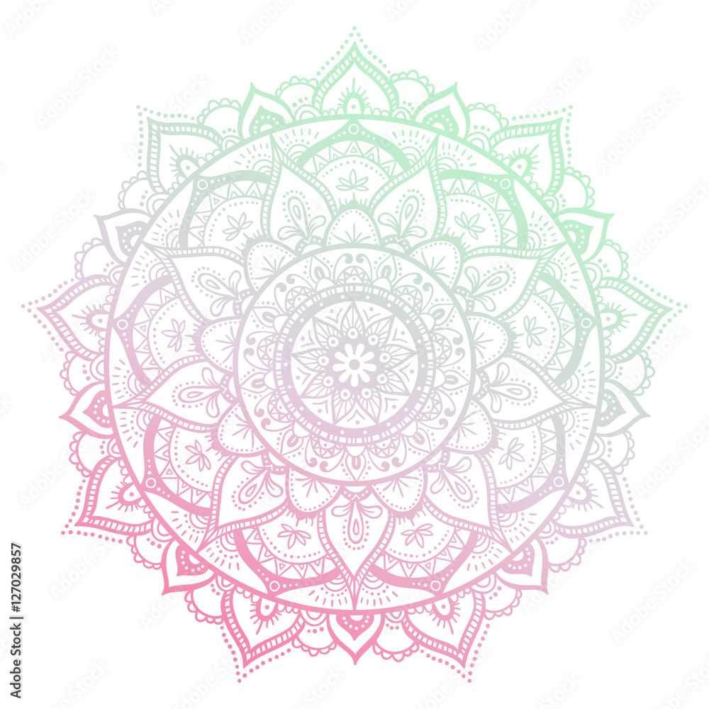 Round gradient mandala on white isolated background. Vector hipster mandala in green and pink colors. Mandala with floral patterns. Yoga template. Round gradient mandala on white isolated background. Vector hipster mandala in green and pink colors. Mandala with floral patterns. Yoga template.