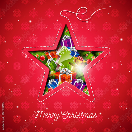 Vector Merry Christmas illustration with holiday elements in a sewing star on snowflake pattern background.