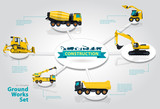 Graphical isometric layout themed construction machinery. Collection of heavy machinery for construction of houses, roads and industrial buildings. Earthworks Sales Offer infographics yellow vectors.