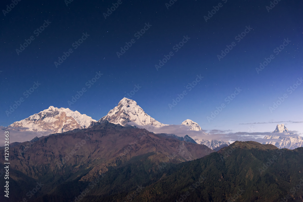 View of Annapurna and Machapuchare peak before sunrise from Poonhill, Nepal.