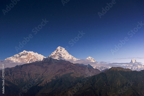 View of Annapurna and Machapuchare peak before sunrise from Poonhill, Nepal.