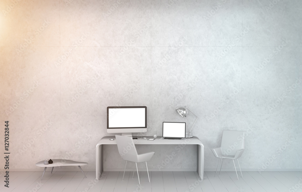 Modern white desk office interior with computer and devices 3D r Modern white desk office interior with computer and devices 3D r