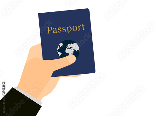 Hand holding a passport on isolated white background. The document for the trip, emigration abroad. Vector illustration.