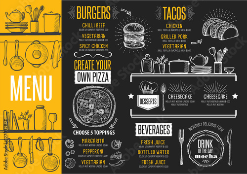 Menu restaurant, food template placemat.