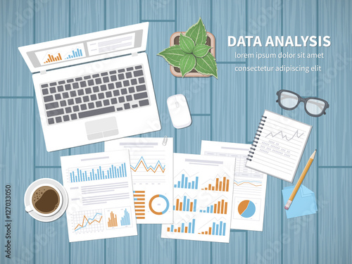 Data analysis concept. Financial Audit, SEO analytics, statistics, strategic, report, management. Charts graphics on a screen and documents, notebook, tablet, stickers, pencil, glasses, coffee. Vector