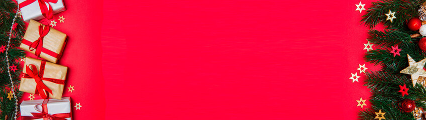 Christmas red background banner with tree, gift and decoration