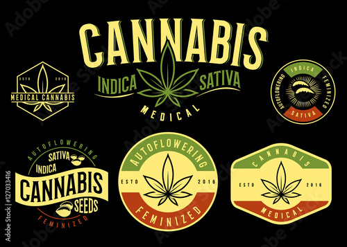 Set of medical cannabis emblem, logo . classic vintage style