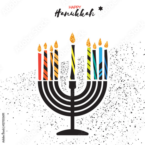 Colorful Happy Hanukkah Greeting card. Jewish holiday with menorah