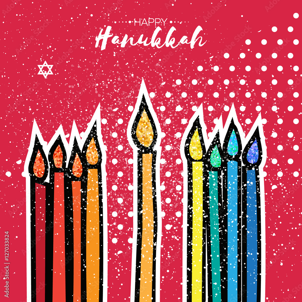 Colorful Happy Hanukkah Greeting card. Jewish holiday with menorah