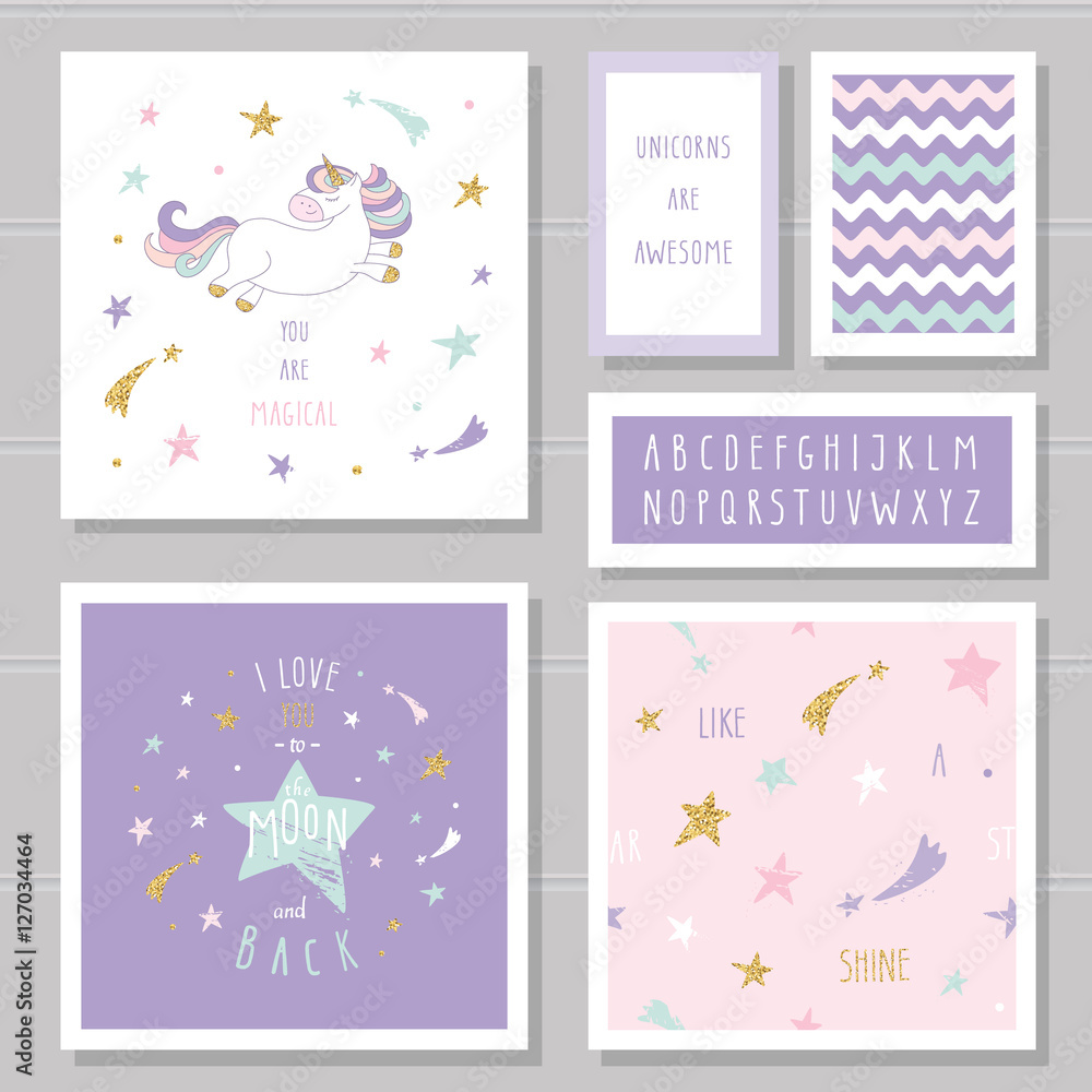 Obraz premium Cute cards with unicorn and gold glitter stars. For birthday invitation, baby shower, Valentine's day.