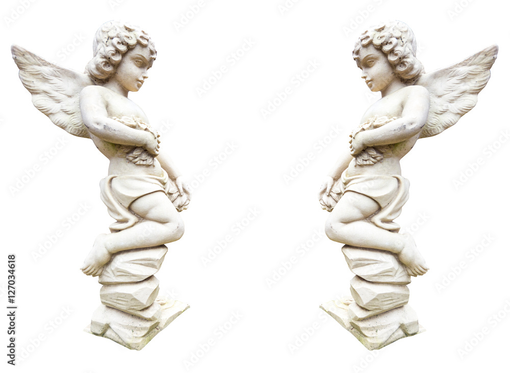 Statue of two angels with flowers isolated on white