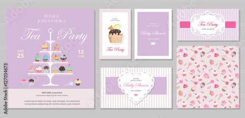 Cute templates with cupcakes stand and sweets in pastel colors. Cards and posters. For bridal, baby shower, birthday.