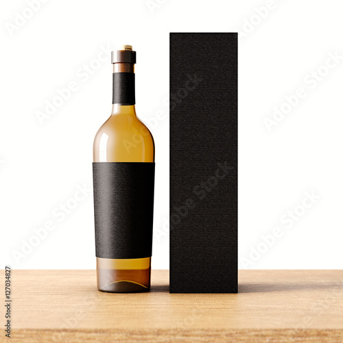Closeup one transparent glass bottle of wine on the wooden desk, white wall background.Empty glassy container concept with black mockup label and carton paper bag for bottles.3d rendering. Front view. photo
