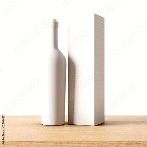 Closeup one not transparent white glass bottle of wine on the wooden desk, gray wall background.Empty glassy container concept with mockup label and carton paper bag for bottles.3d rendering. photo