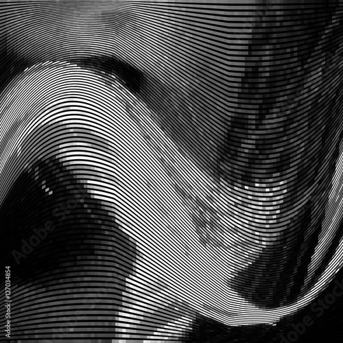 Glitch abstract background with distortion effect, random wave black and white, monochrome lines for design concepts, posters, wallpapers, presentations and prints. Vector illustration.