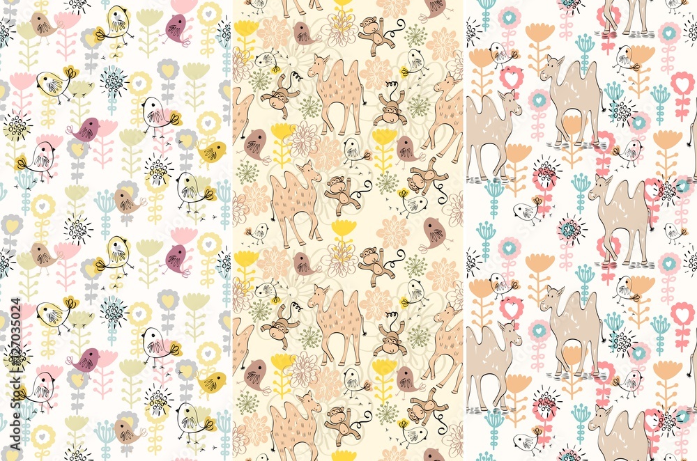 babies hand draw seamless pattern with animals
