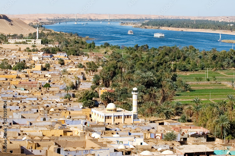 View at mosque in Nubian village with Nile River in background