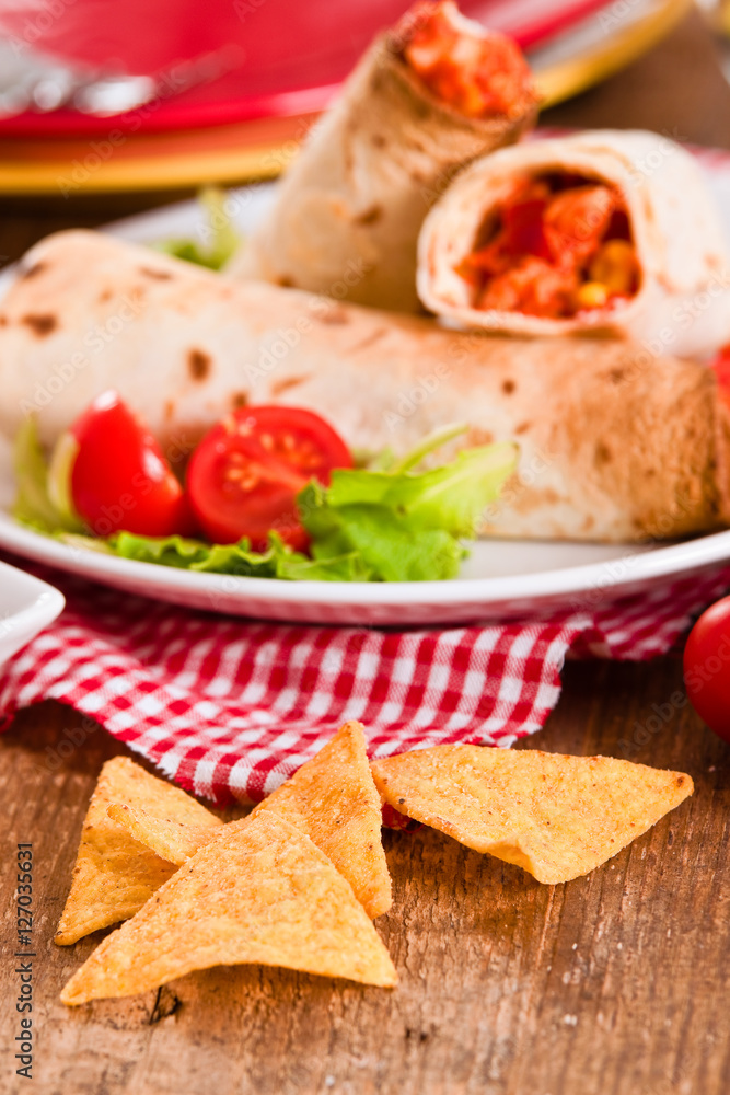 Tortilla wraps with chicken and vegetable. Tortilla wraps with chicken and vegetable.