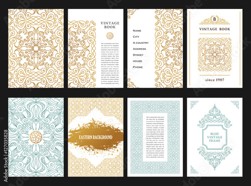 Eastern gold arabic vector lines design templates. Muslim floral frame for card and postcard