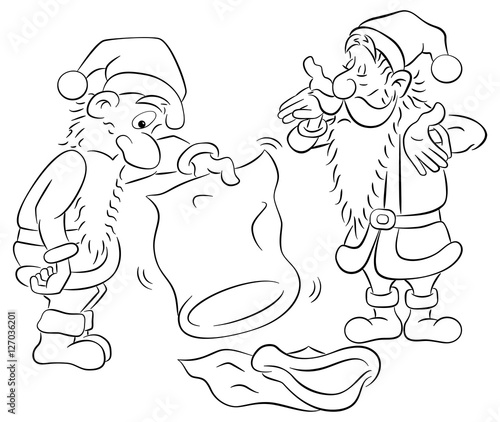 Cartoon Weihnachtsmänner schütteln verdutzt einen leeren Sack 