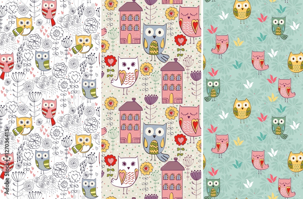 Cute floral seamless pattern with owl and flowers Cute floral seamless pattern with owl and flowers