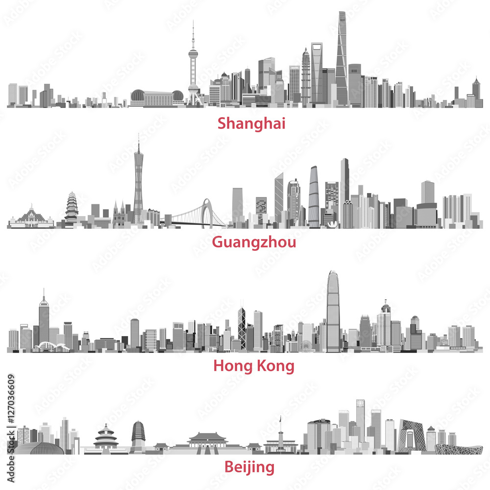 Shanghai, Guangzhou, Hong Kong and Beijing skylines vector illustrations
