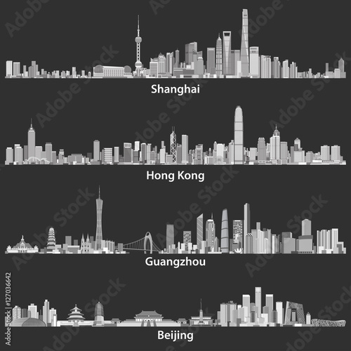 Shanghai, Guangzhou, Hong Kong and Beijing skylines at night vector illustrations