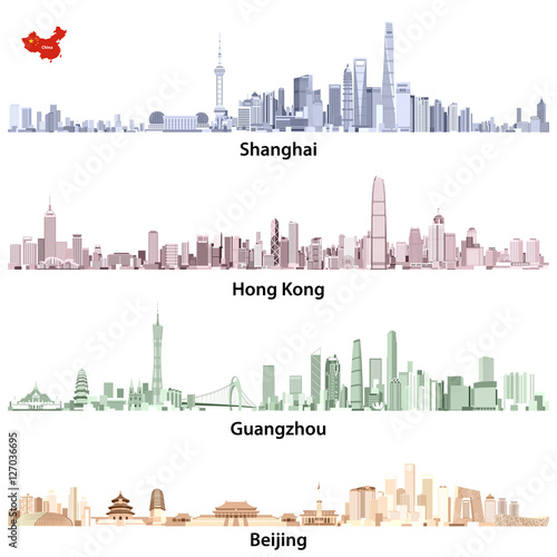 Shanghai, Guangzhou, Hong Kong and Beijing skylines vector illustrations