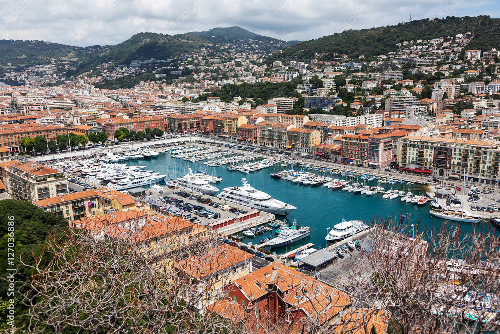 top view of port with yachts in Nice, French Riviera, France