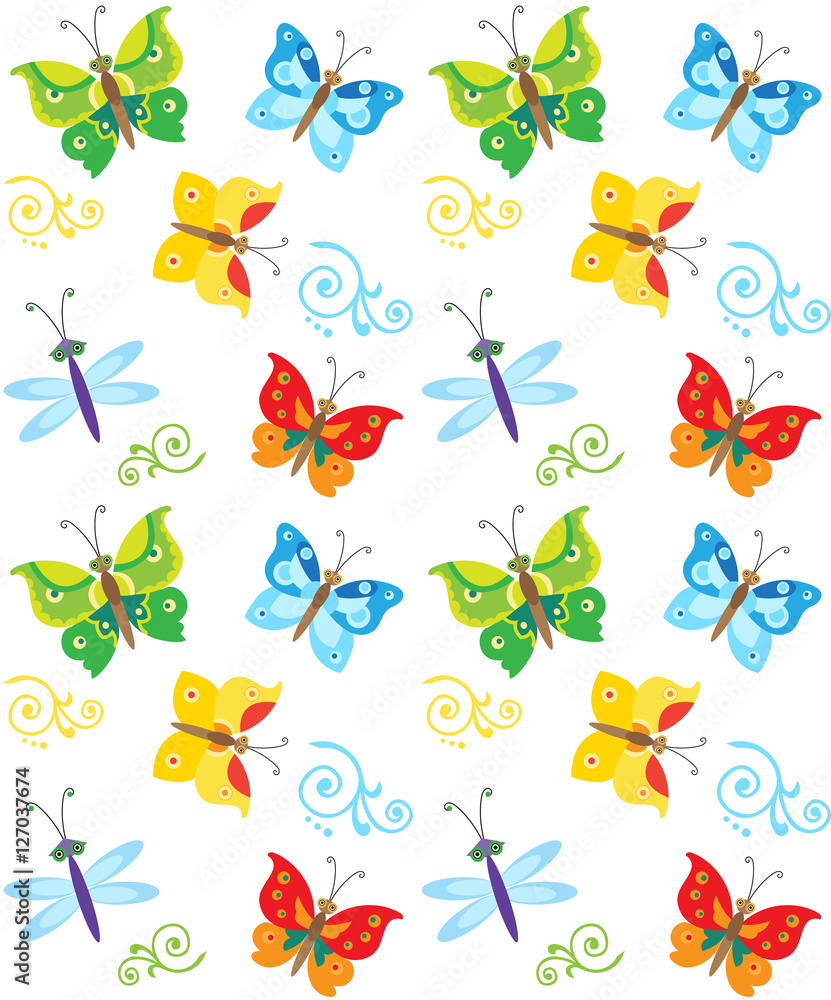 Cartoon Style Butterfly And Dragonfly Pattern. Colorful Butterflies In Vector. Nice Childish Background. Seamless Pattern With Butterflies And Dragonfly. Pattern Printable.