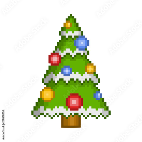 Vector pixel art christmas tree with ornaments © karpenko_ilia