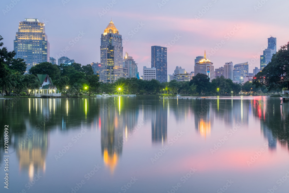 Business district cityscape from Lumphini park, Bangkok Thailand